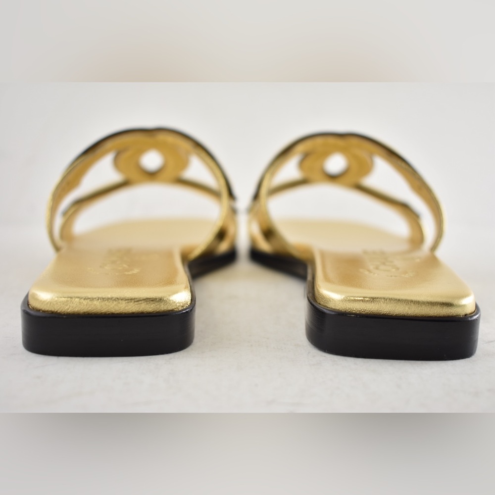 Chanel 26S Golden Gold Cracked Leather XL CC Logo Mule Slide Flat Sandal 37 - Picture 15 of 16